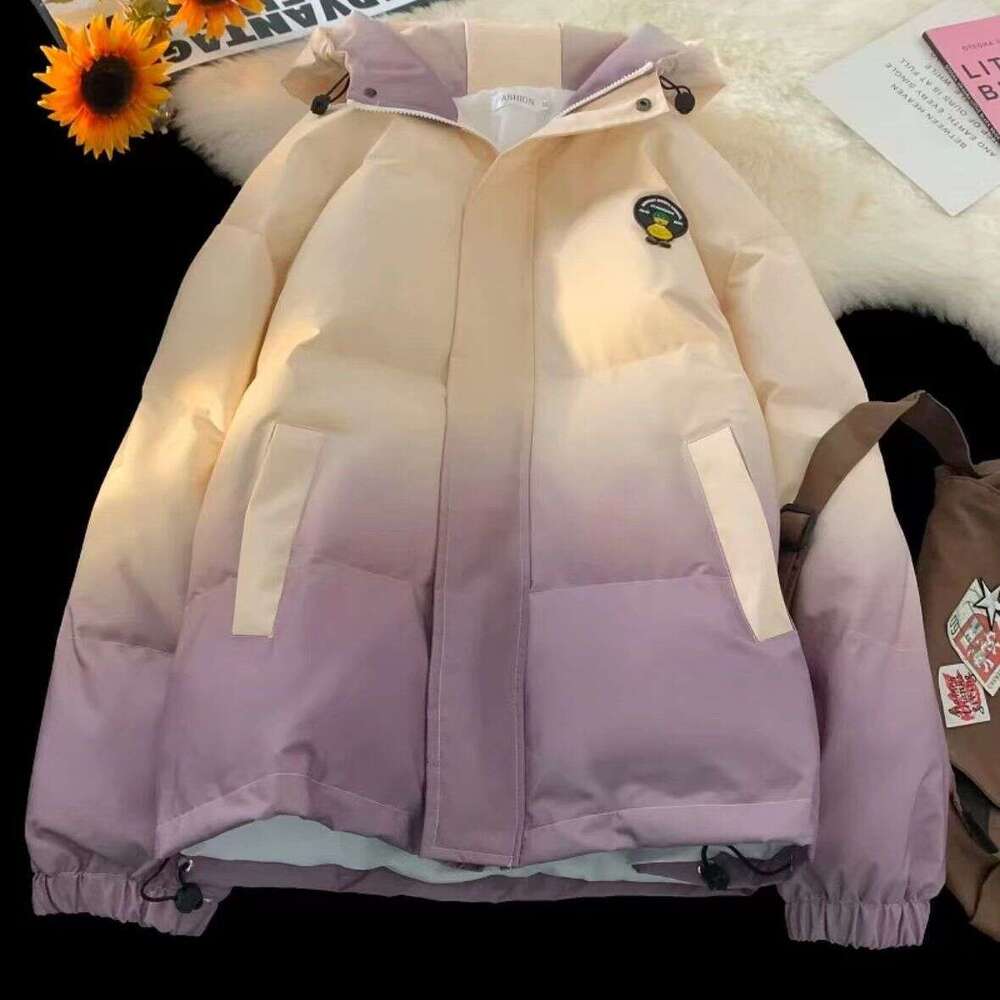 Winter New Fashion Trend Simple Gradient Color Age-Reducing Hooded Loose Thickened Warm Cotton Jacket B5