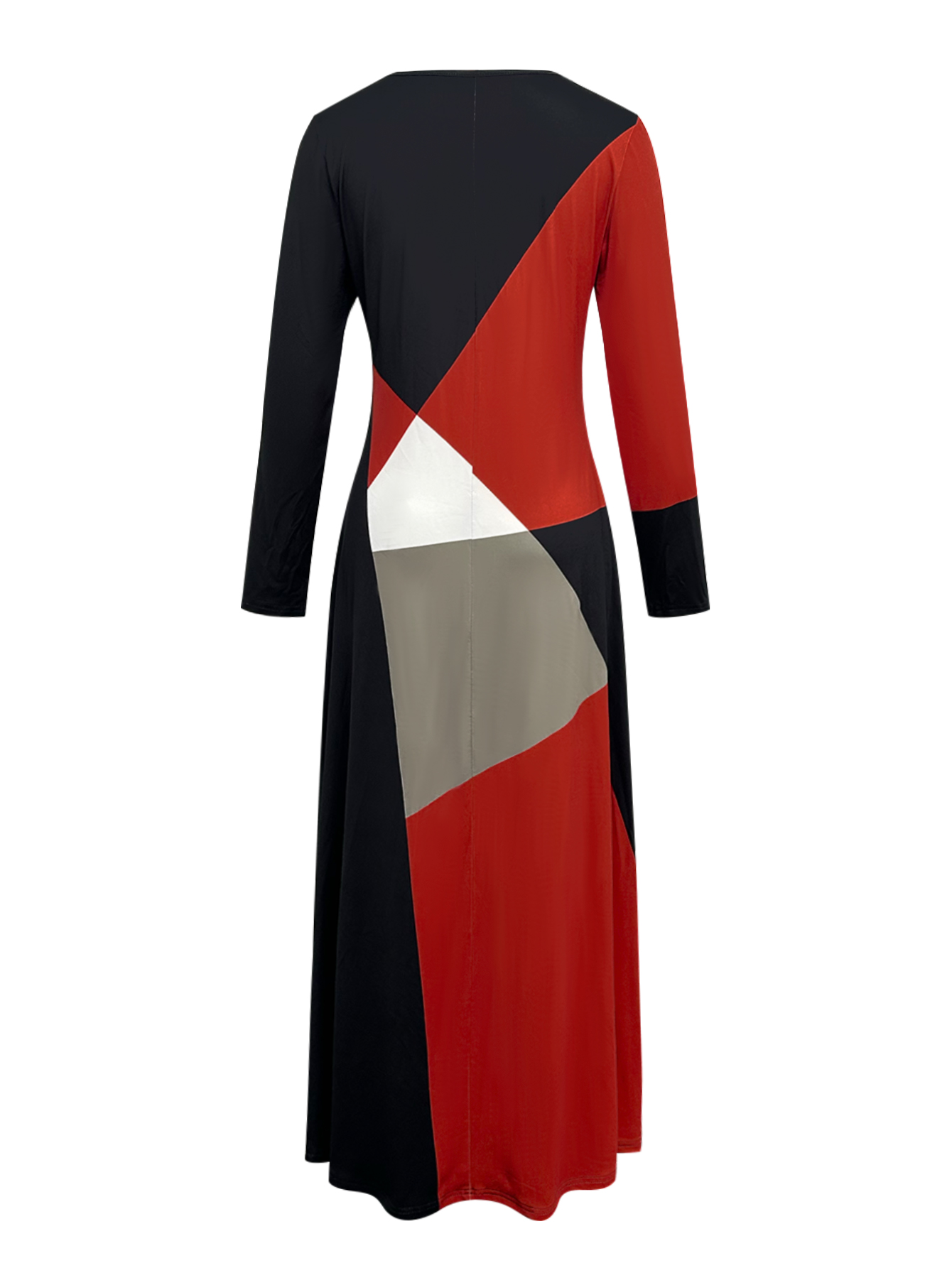 Women's Autumn Winter Mixed Color Block Long - Sleeve Maxi Dress - Elegant Fashion Party Dress-CF55181