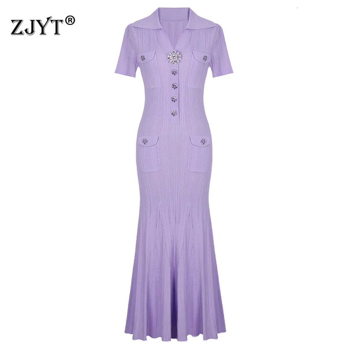 ZJYT Summer Fashion Long Mermaid Knitting Sweater Dresses for Women Elegant Turn Down Collar Purple Party Dress Vestidos Female M251013