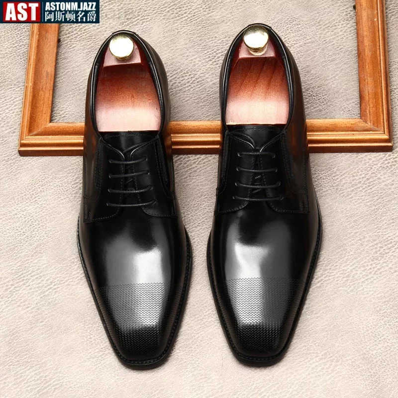 Italian Mens Dress Shoes Luxury Genuine Leather Summer New Style Fashion Square Toe Black Business Social Oxfords Shoes M251013