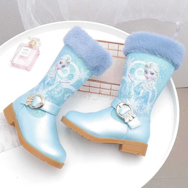 Disney Girls Leather Boots Winter Cartoon Frozen Boots Zipper High Plush Princess Elsa Boots Warm Childrens Boots Size 2536XJ251013