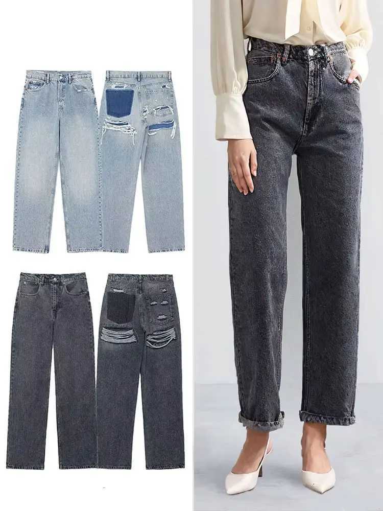 HH 2024 Vintage Denim Jeans For Women 2 Colors High Waist Zipper Fly Ripped Distressed Patchwork Causal Straight TrousersT251013