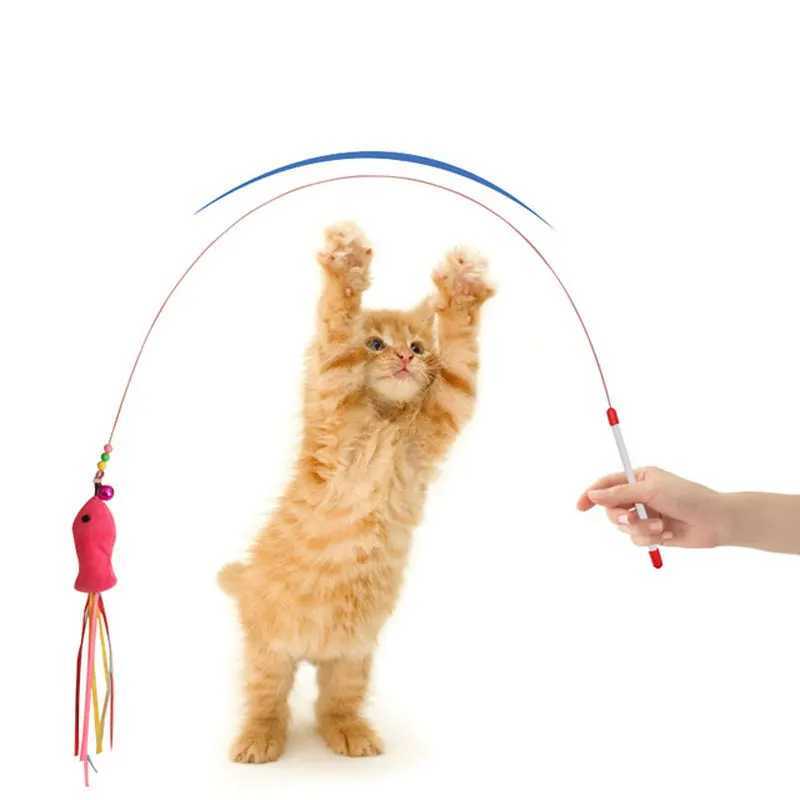 Elastic Metal Boom Tease Cat Stick Funny Wand Toy 3 Pcs Replaceable Plush Fake Fishes Interactive With Kitten Pets Make Fun C251013