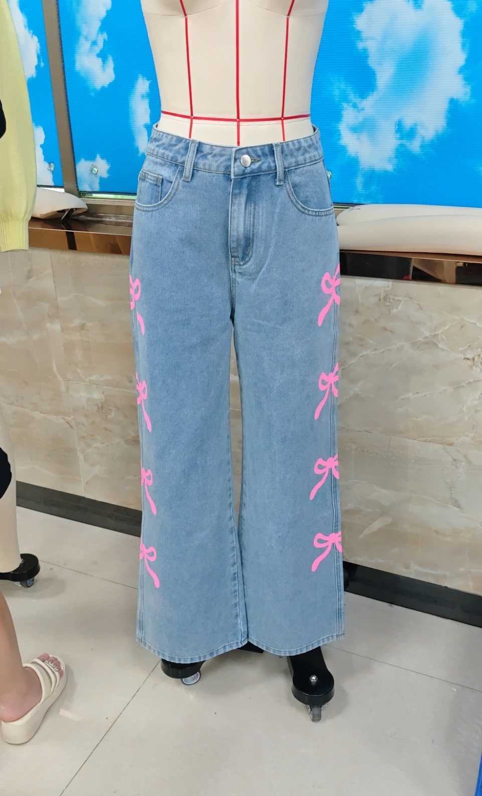 Women Jeans Wide Leg Pants Bow Washed High Waist 2025 Streetwear Denims Distressed Vintage Straight Ankle Length TrousersT251013