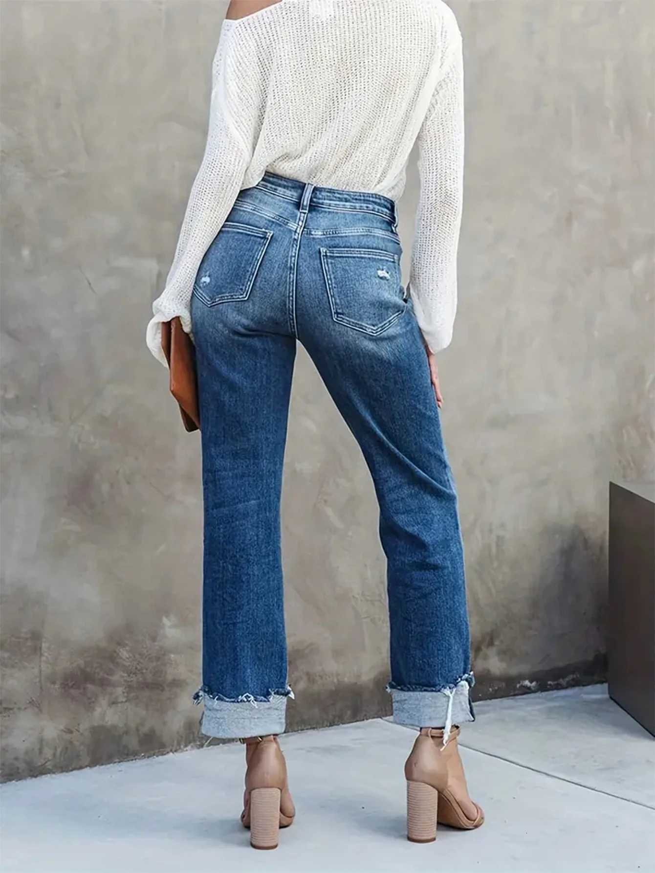 Womens casual jeans comfortable commuter elastic asymmetric waist hole Denim trousersT251013