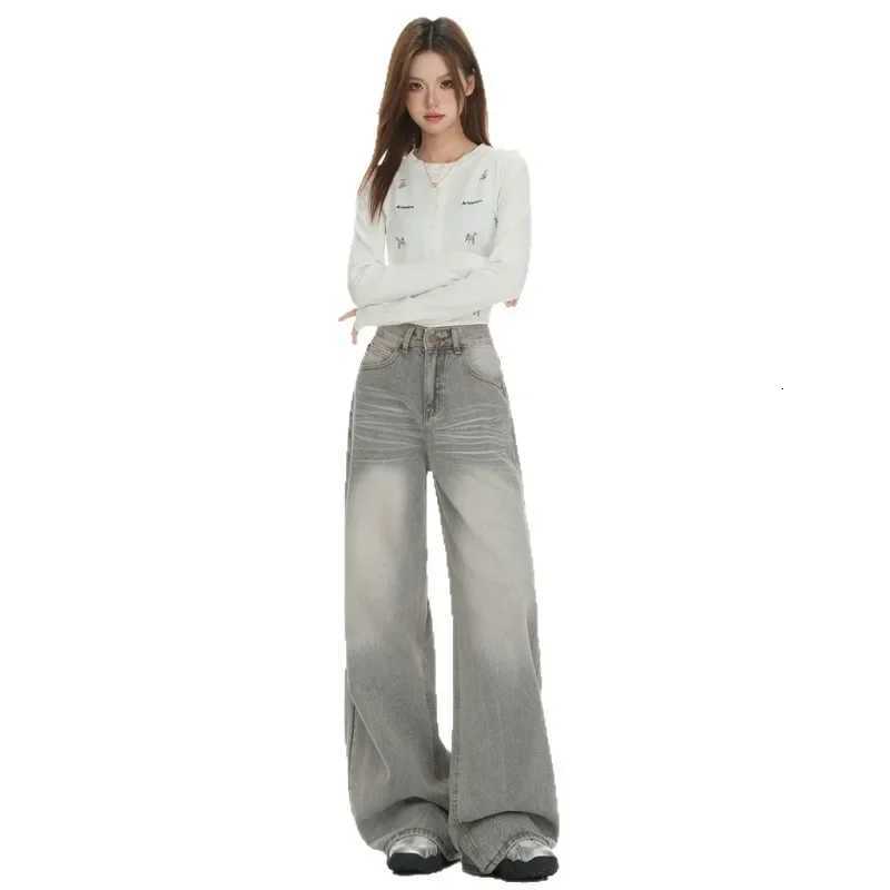 Gray American High Street Wide Leg Jeans Women Loose Drapey Slim Straight FloorLength Pants High Waist Button DecorationT251013