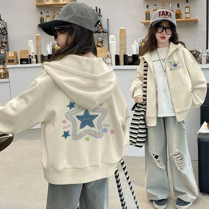 Girls 2025 New SpringAutumn FleeceLined Hoodie Stylish Versatile Korean Style JuniorSenior Kids Top C251013