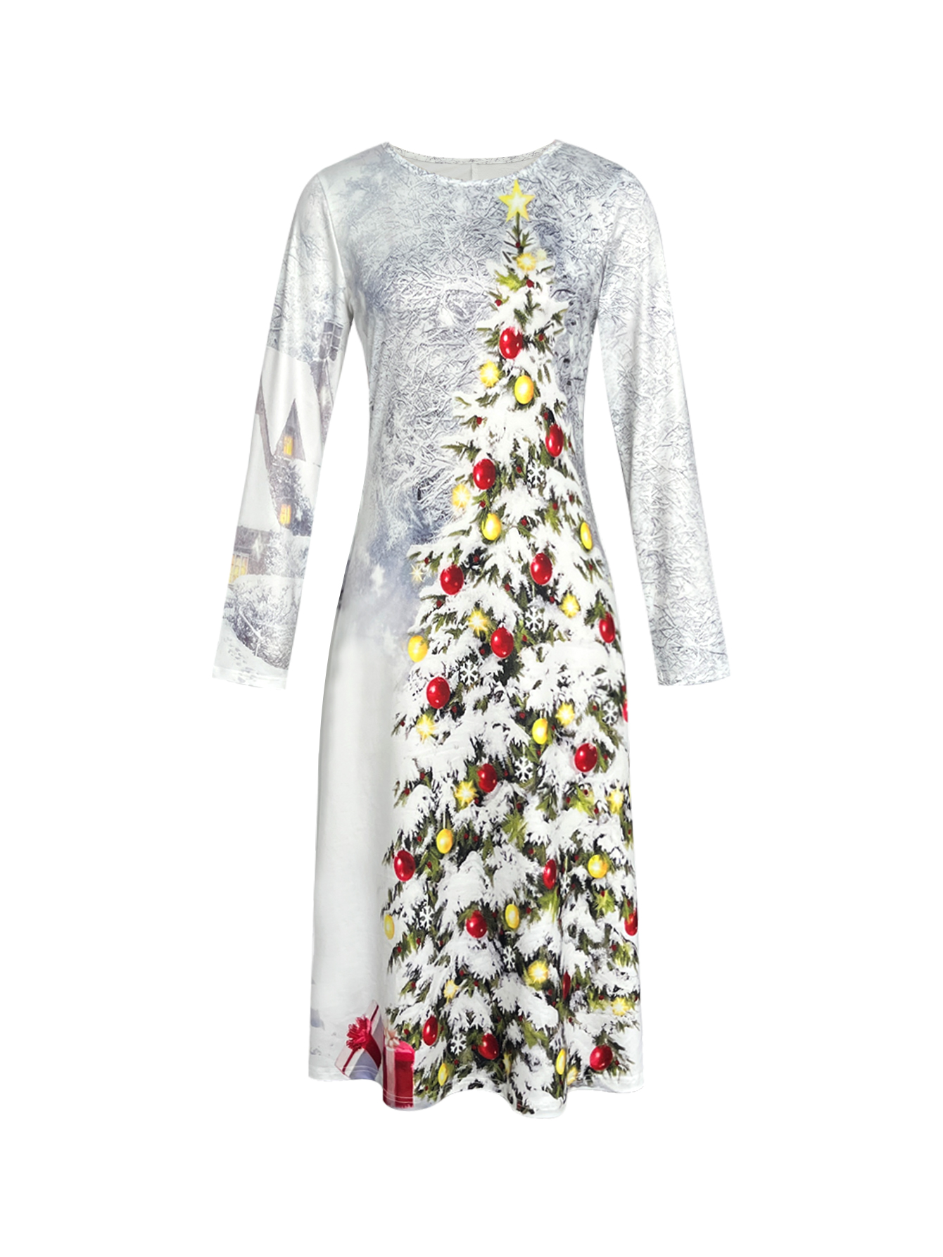 Women's Autumn Winter New Christmas Tree Printed Round Neck Long - Sleeve Dress - Fashionable Vacation Dress-CF51203