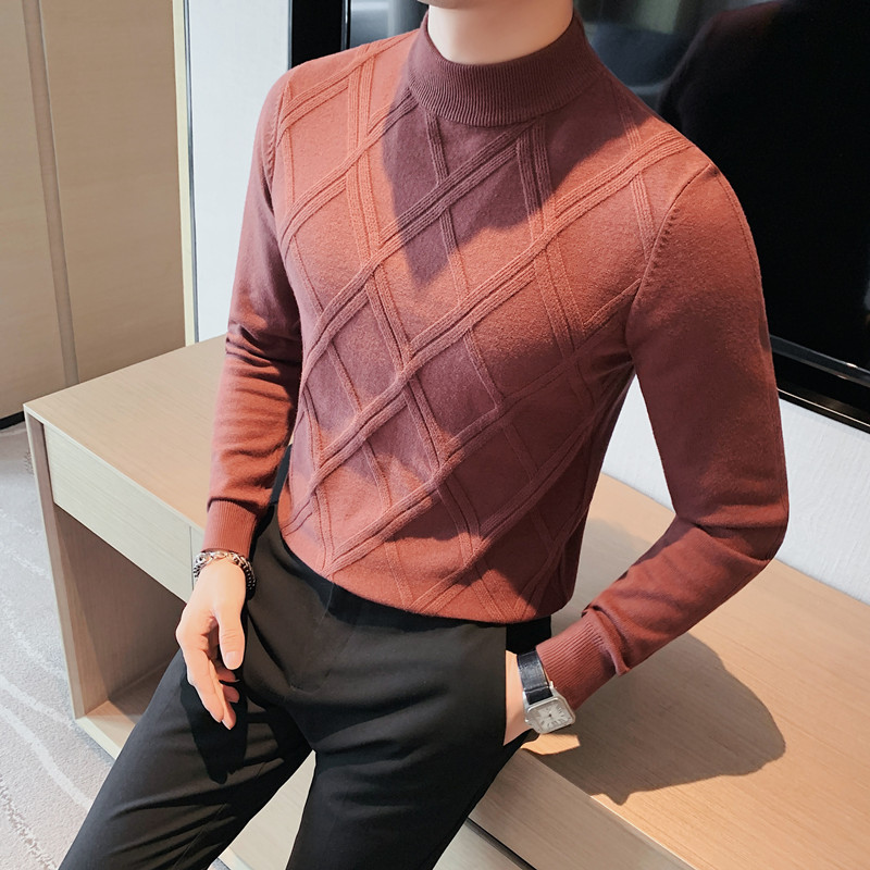 Men's High - Neck Textured Knit Sweater, Slim Fit with Geometric Pattern-8516