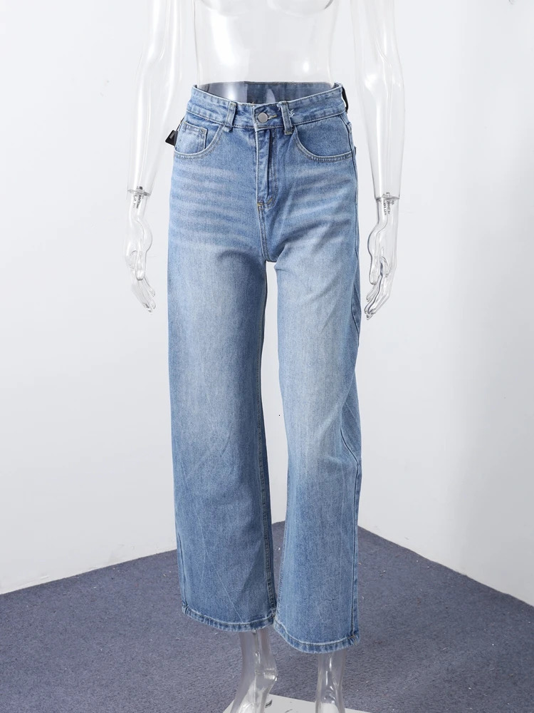 Spring High Waist Straight Leg Denim Pant For Woman Back Pockets Stitching Rhinestone Detail Ladies Simple Washed Blue Trousers 251013 - view 4