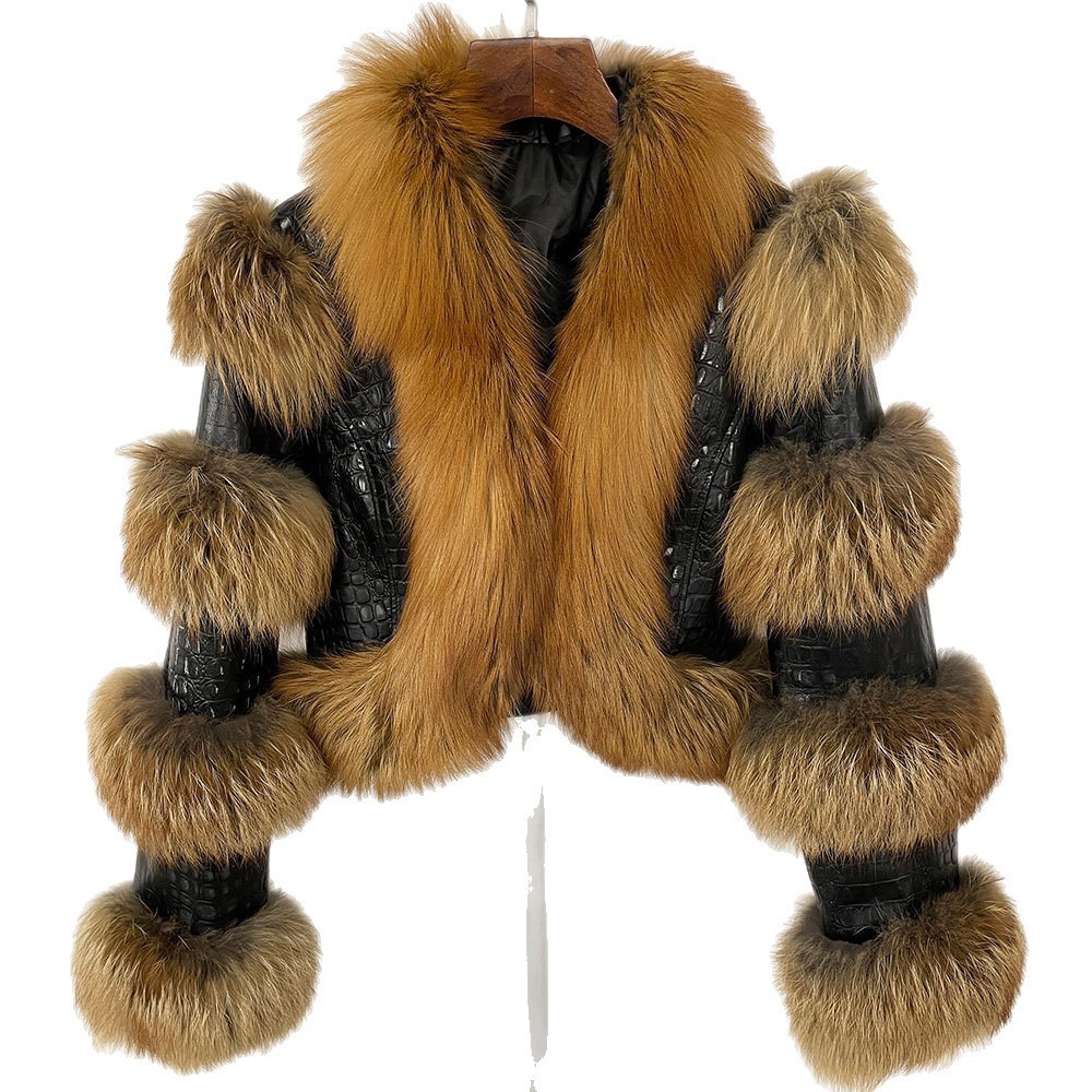 RR2775 Plus Size Artificial Fox Fur Winter Jacket Womens Leather Short Crop Jacket Womens Cotton Lined Fur Decorative Leather 240927 - view 6
