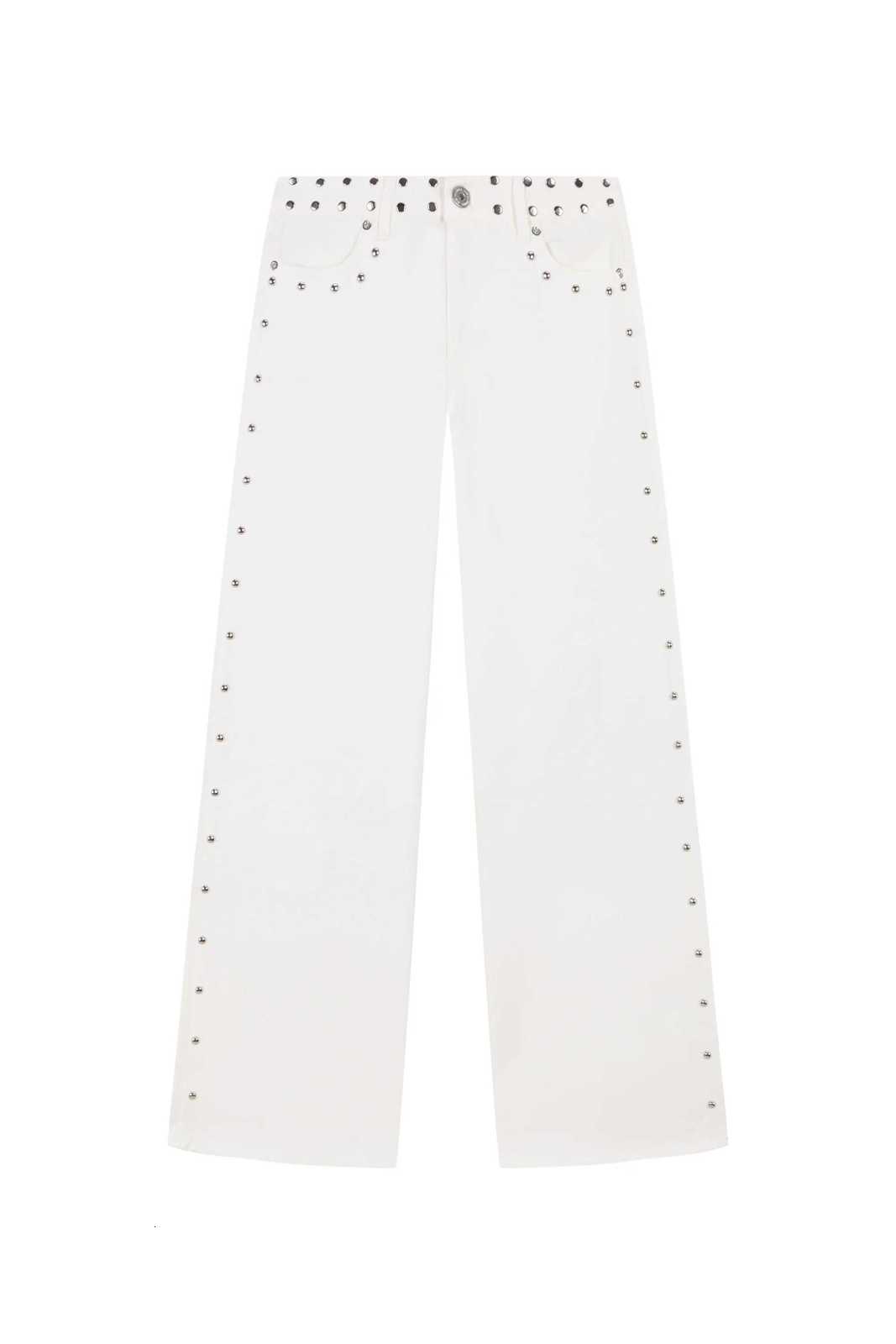 Spanish Strt Fashion ONE DILEMMA Style Rivet Fivepointed Star Pattern White Jeans Womens Autumn Slim Straight Pants C251013