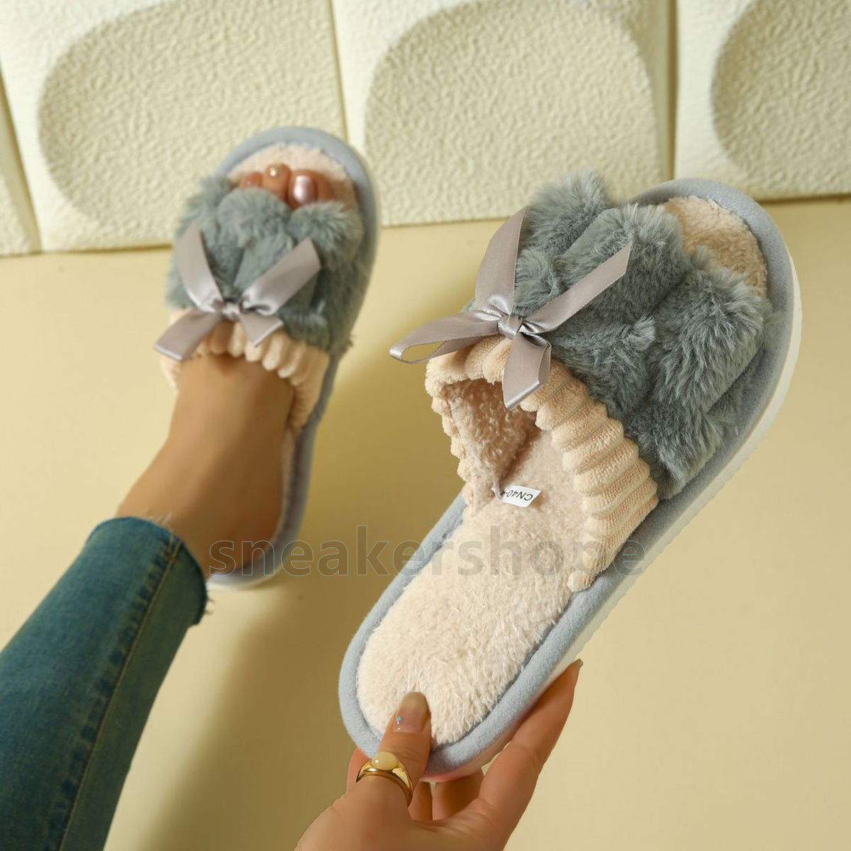 designer shoes bowknot slides womens winter slippers trendy casual flat sandals soft fuzzy-lined non-slip indoor home shoes size 36-43