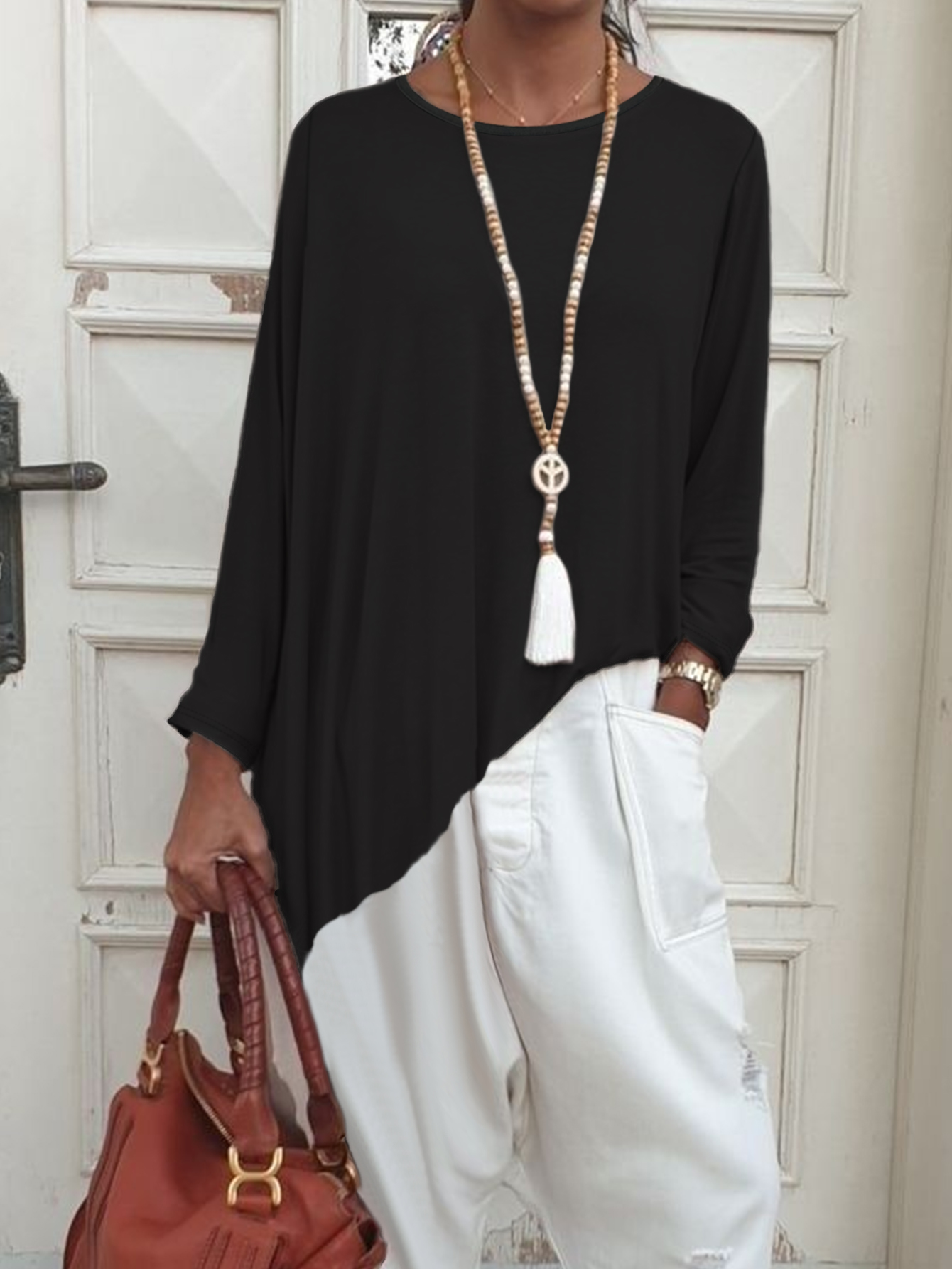 Women's Autumn Winter French - Style Elegant Long - Sleeve Top - Minimalist Layered & Loungewear Black Top-CF52726