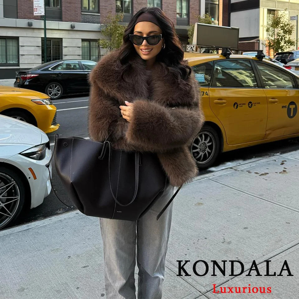 KONDALA Casual Brown Thick Fur Jackets Women Long Sleeve V Neck Autumn Winter Faux Fur Coats Fashion Streetwear Outwears 251008