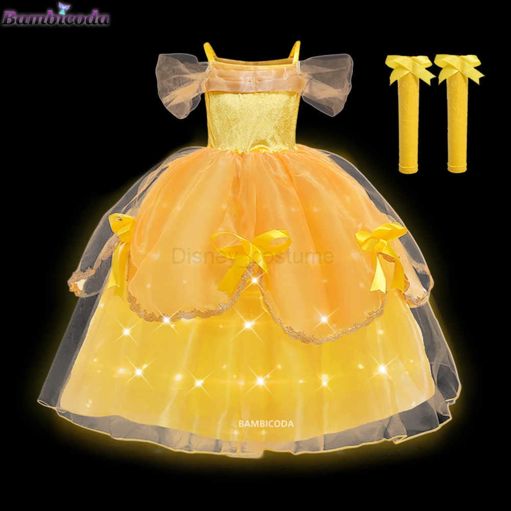 Disney Cosplay Belle Dress Girls LED Light up Dresses For Beauty and the beast Party Clothing Magic stick crown Costume 310Y H251013