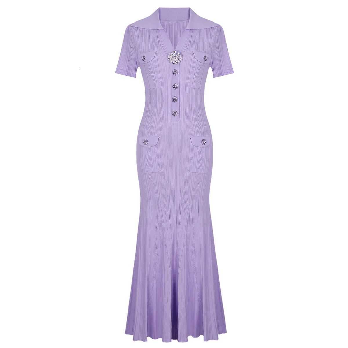 ZJYT Summer Fashion Long Mermaid Knitting Sweater Dresses for Women Elegant Turn Down Collar Purple Party Dress Vestidos Female M251013