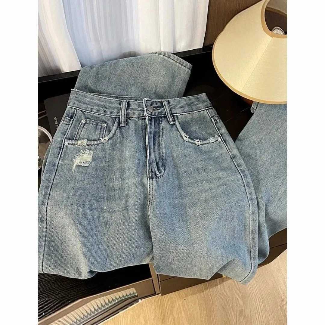 Casual Jeans Womens Straight Leg Denim Trousers Loose Fit High Waist Light Blue Wide Leg Vintage Ripped Design Autumn NewT251013