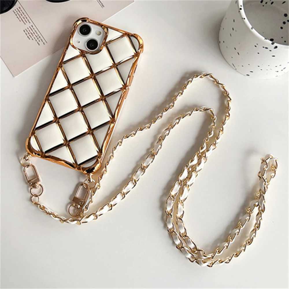 Crossbody Necklace Chain Lanyard Plating Diamond Lattice Phone Case for iPhone 14 11 12 13 15 Pro Max Plus Soft Silicone CoverW251011