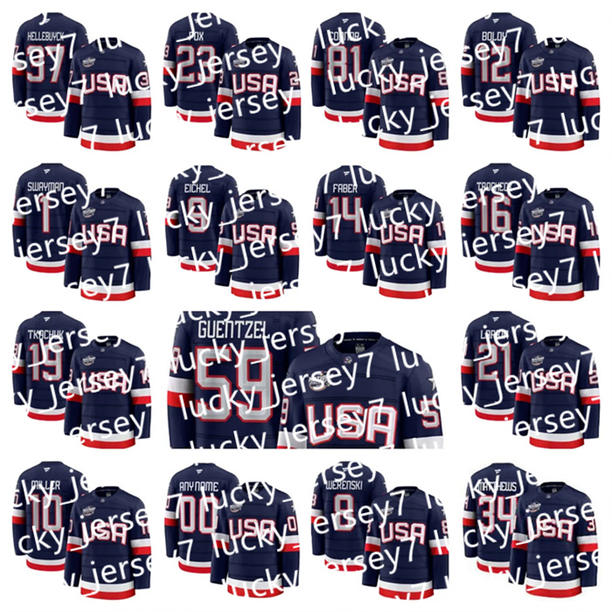 custom Men Women Youth USA #37 Connor Hellebuyck 16 Vincent Trocheck 14 Brock Faber 23 Adam Fox 1 Jeremy Swayman Custom Navy 2025 4 Nations Face-Off Premium Jersey