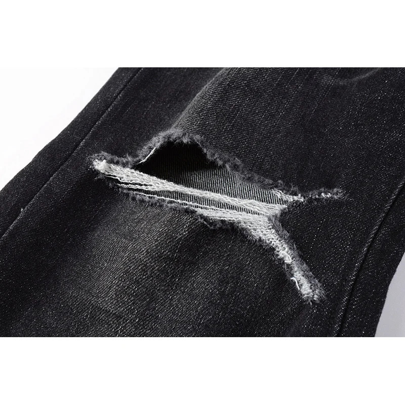 American Boys Students School High Street Scratched Moustache Black Damaged Holes Slight Stretch Skinny Button Fly Ripped Jeans 251009