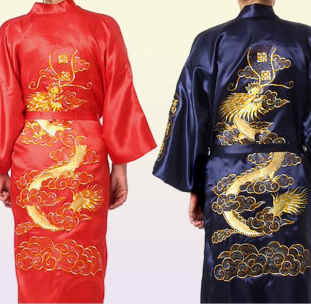 Traditional Embroidery Dragon Kimono Yukata Bath Gown Navy Blue Chinese Men Silk Satin Robe Casual Male Home Wear Nightgown1998264