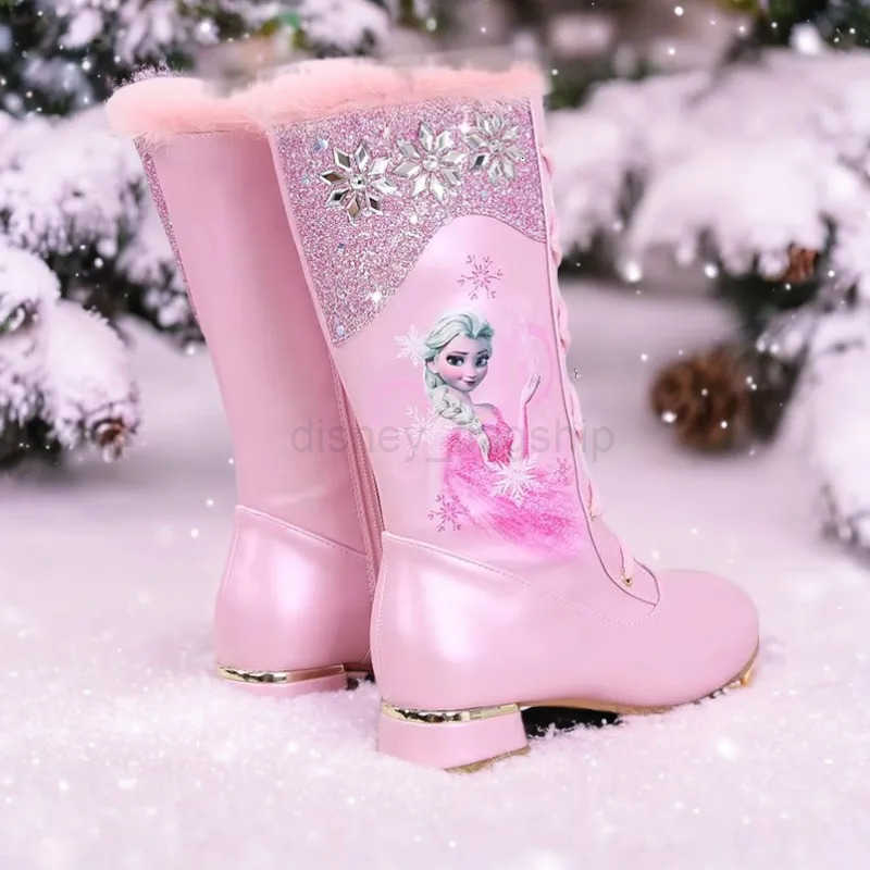 Disney Girls Leather Boots Winter Cartoon Frozen Boots Side Zipper High Plush Princess Elsa Boots Warm Childrens Boots Size 27XJ251013