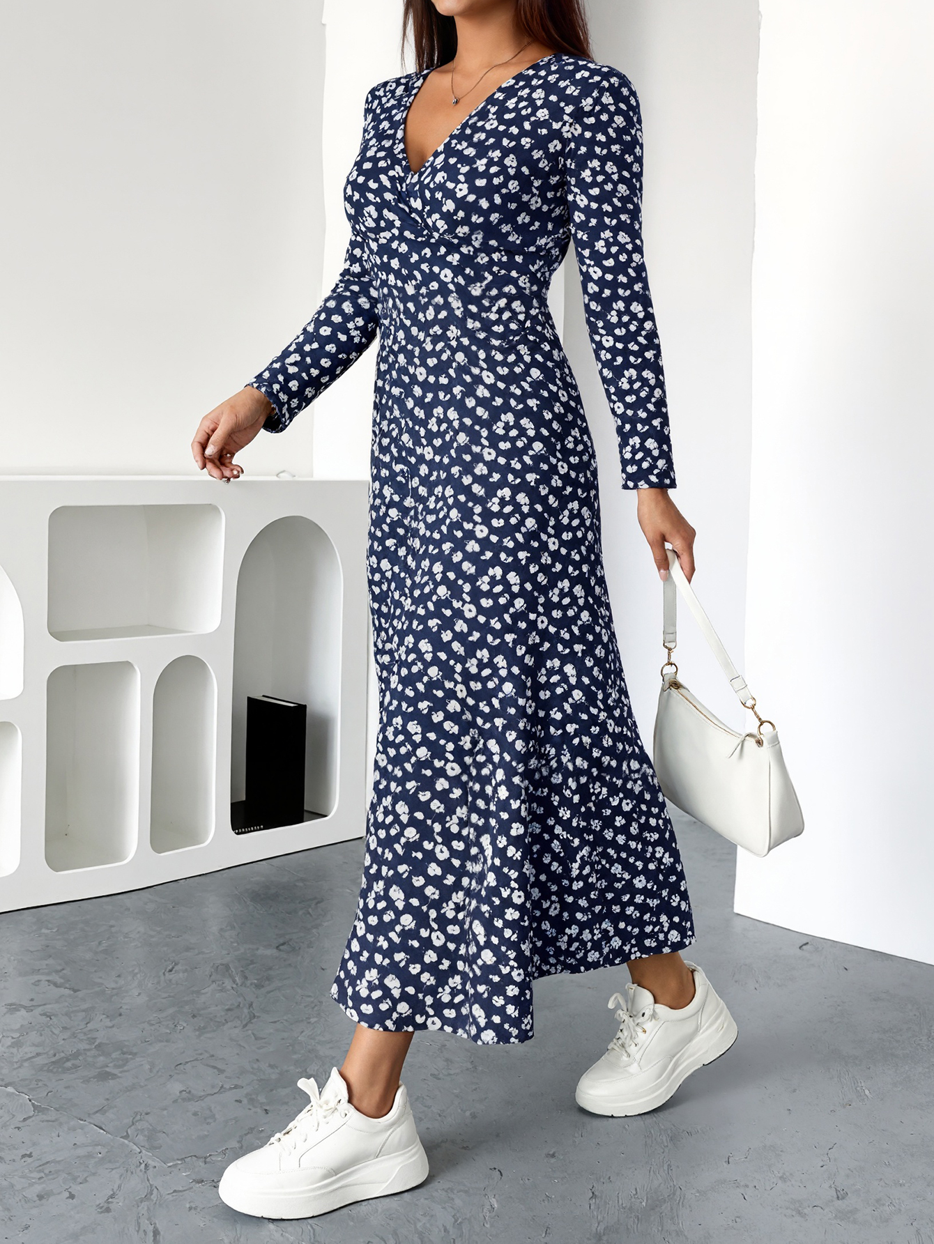 Women's Autumn Winter Fashion Ditsy Floral Midi Dress - Versatile Party & Slimming & Body - Shaping Navy Blue Dress-CF55199