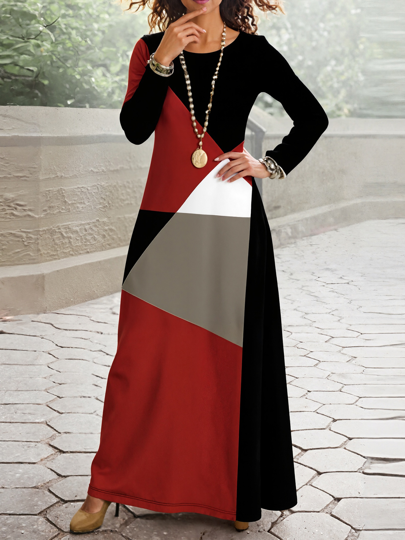 Women's Autumn Winter Mixed Color Block Long - Sleeve Maxi Dress - Elegant Fashion Party Dress-CF55181