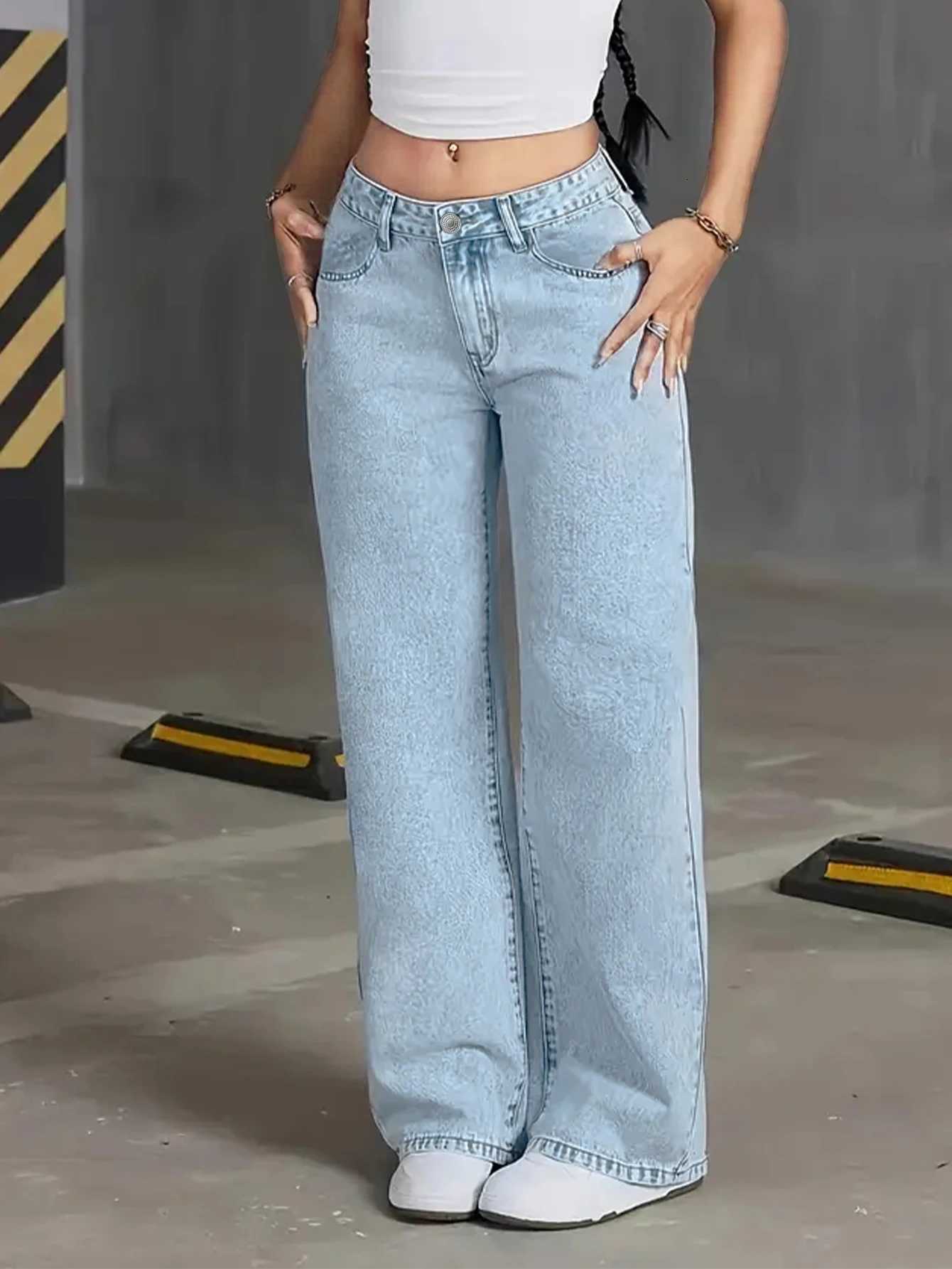 Autumn Y2K style womens washed blue jeans high waist straight loose jeans suitable for casual outings and datesT251013
