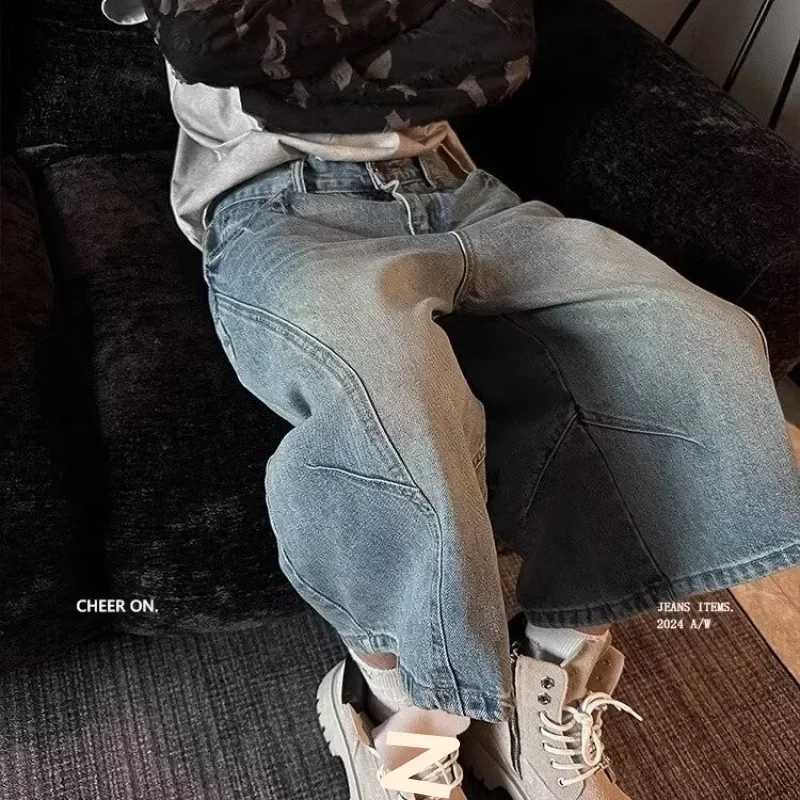 American Retro Tailored Denim Jeans Women Loose Wide Leg Strt Style Straight Casual MidCalf Pants High Waist Button Decor C251013