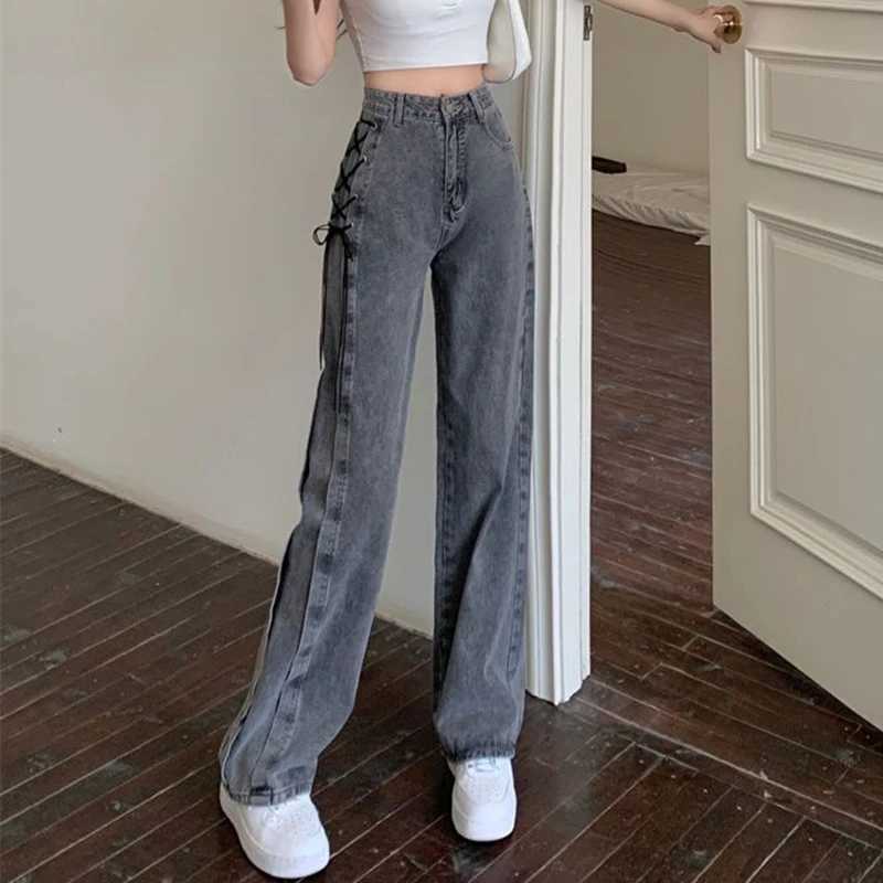 Vintage Lace Up Jeans Women Korean Chic Y2K Straight Denim Pants Autumn Streetwear High Waist Female Wide Leg Trousers NewT251013