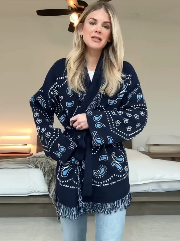 Print Fringed Hem Belted Cardigan Long Sleeve Loose KimonoStyle 2025 Autumn Casual Women Outerwear Holiday Trendy Lady Wrap 251011