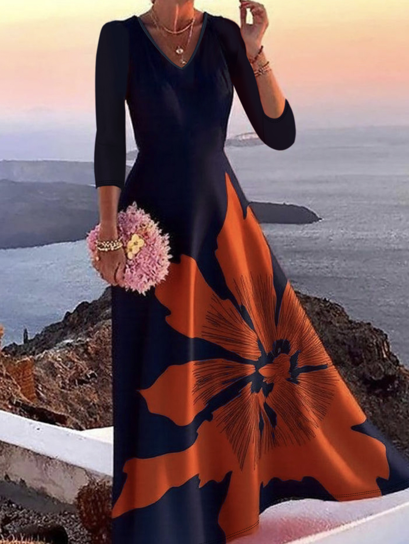 Women's Summer Autumn New Fashion Vacation Floral Printed Slimming Midi Dress - Mom - Style Elegant Navy Blue Dress-CF52916