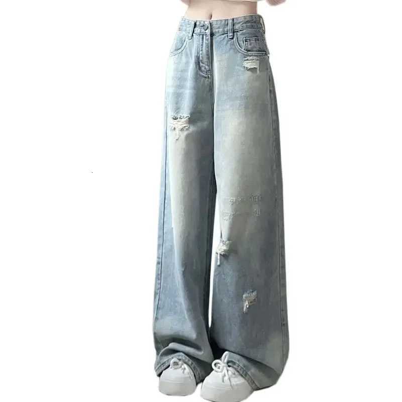 High Waist Wide Leg Straight Cut Jeans Womens Light Wear Distressed Design plus Size Pear Shape Hole Denim PantsT251013