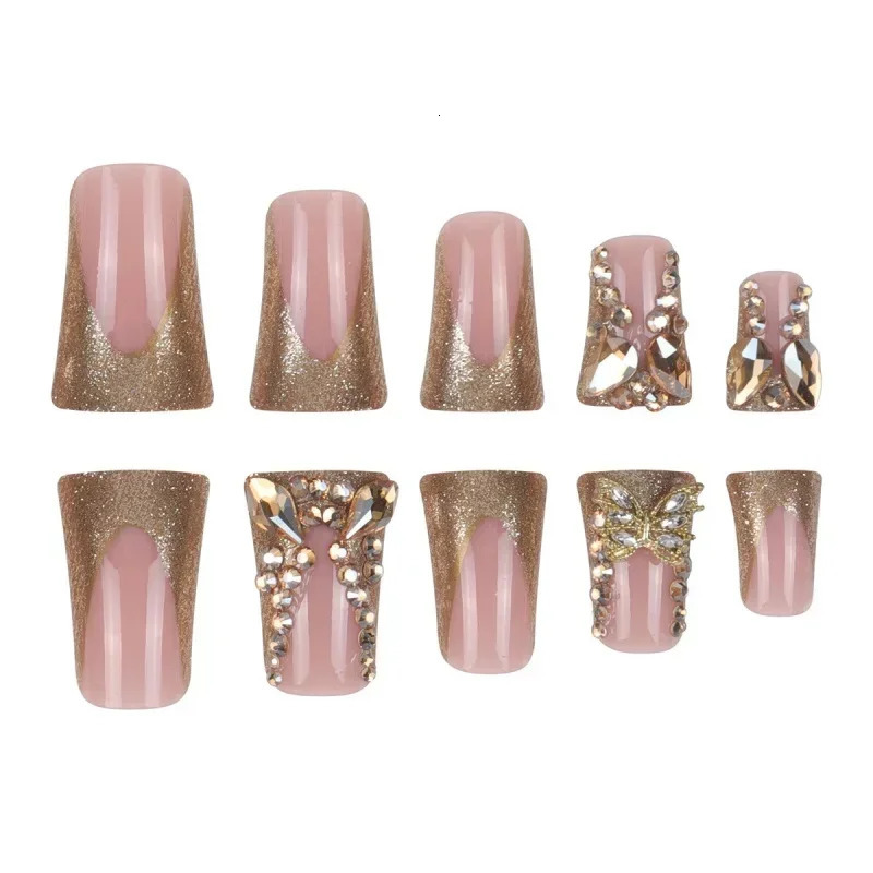 24piece Rectangular Wearable Presson Nails French Style Duckbill False Nail with 3D ButterflyGold Glitter Diamond Nail Art Set 251011