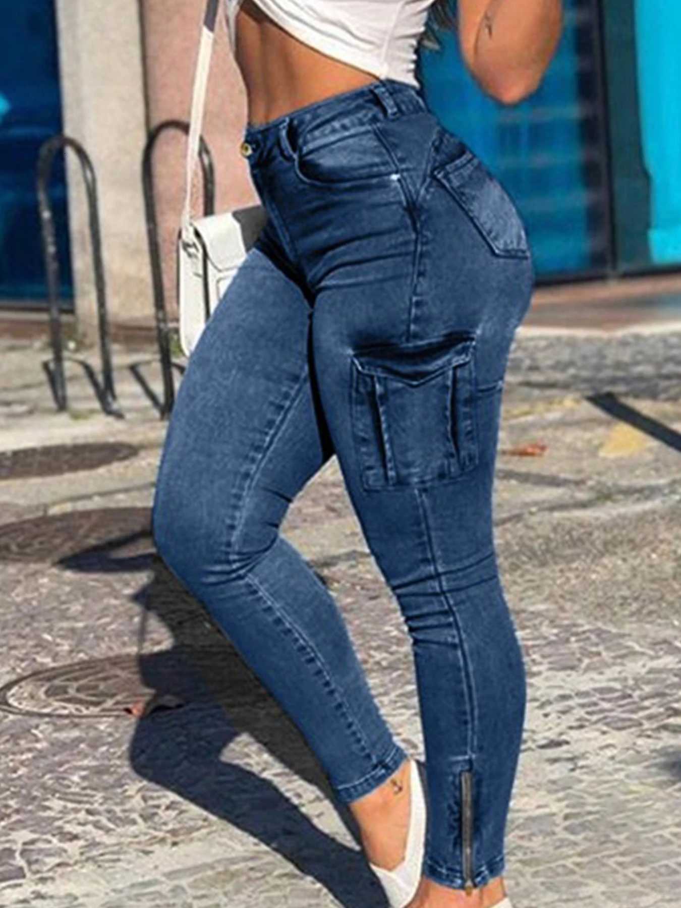 Womens elastic mid waist zipper hem tight jeans pencil pants multi pocket fashionable casual denim work pants suitable for alT251013