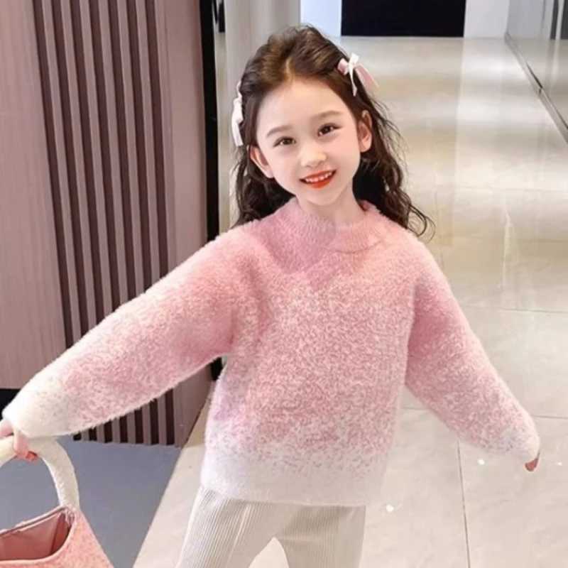 2025 NewGirls Thick FleeceLined Mink Fur Sweater Autumn Winter Child Toddler Base Layer Crew Neck Pullover Knit C251013