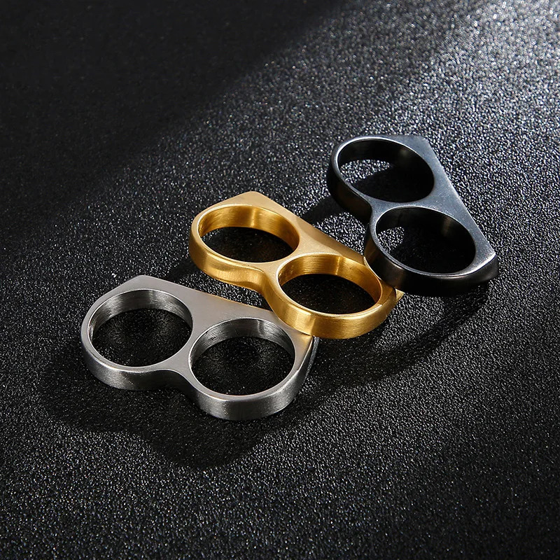 Hiphop Men Ring Fashion Black Gold Silver Color Double Finger Brass Knuckles Rings Stainless Steel Jewelry Gifts 251013