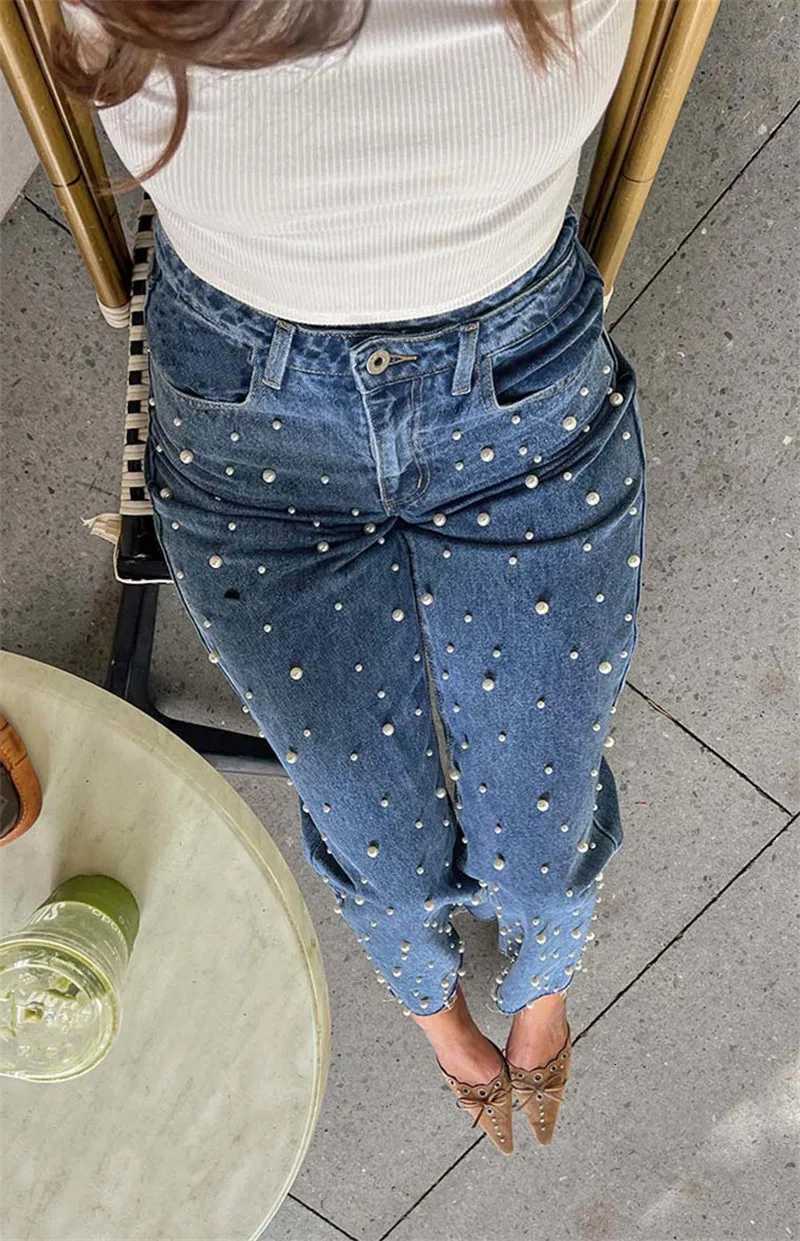 2025 Y2K Fashion Beading Vintage Denim Pants Women Loose Baggy Straight Jeans Female Casual Midi Waist Trousers Trend StreetwearT251013