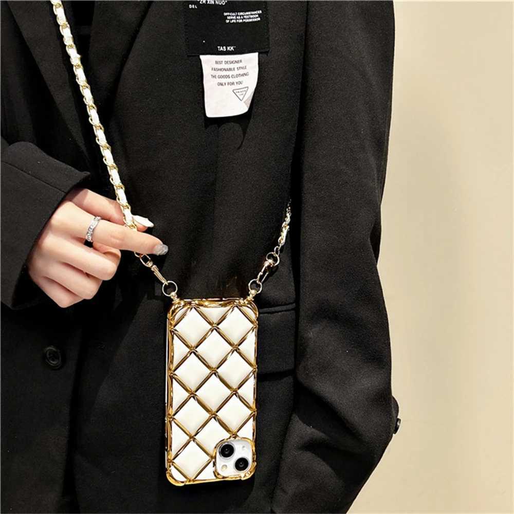Crossbody Necklace Chain Lanyard Plating Diamond Lattice Phone Case for iPhone 14 11 12 13 15 Pro Max Plus Soft Silicone CoverW251011