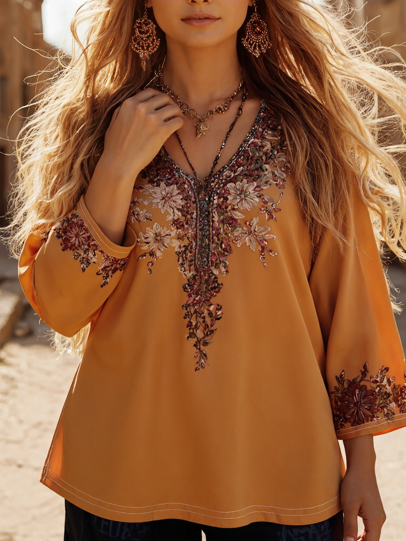 Women's Autumn New Retro Ethnic - Style All - Over Floral Printed Elegant Casual Plus - Size V - Neck Long - Sleeve T - Shirt-YL25428