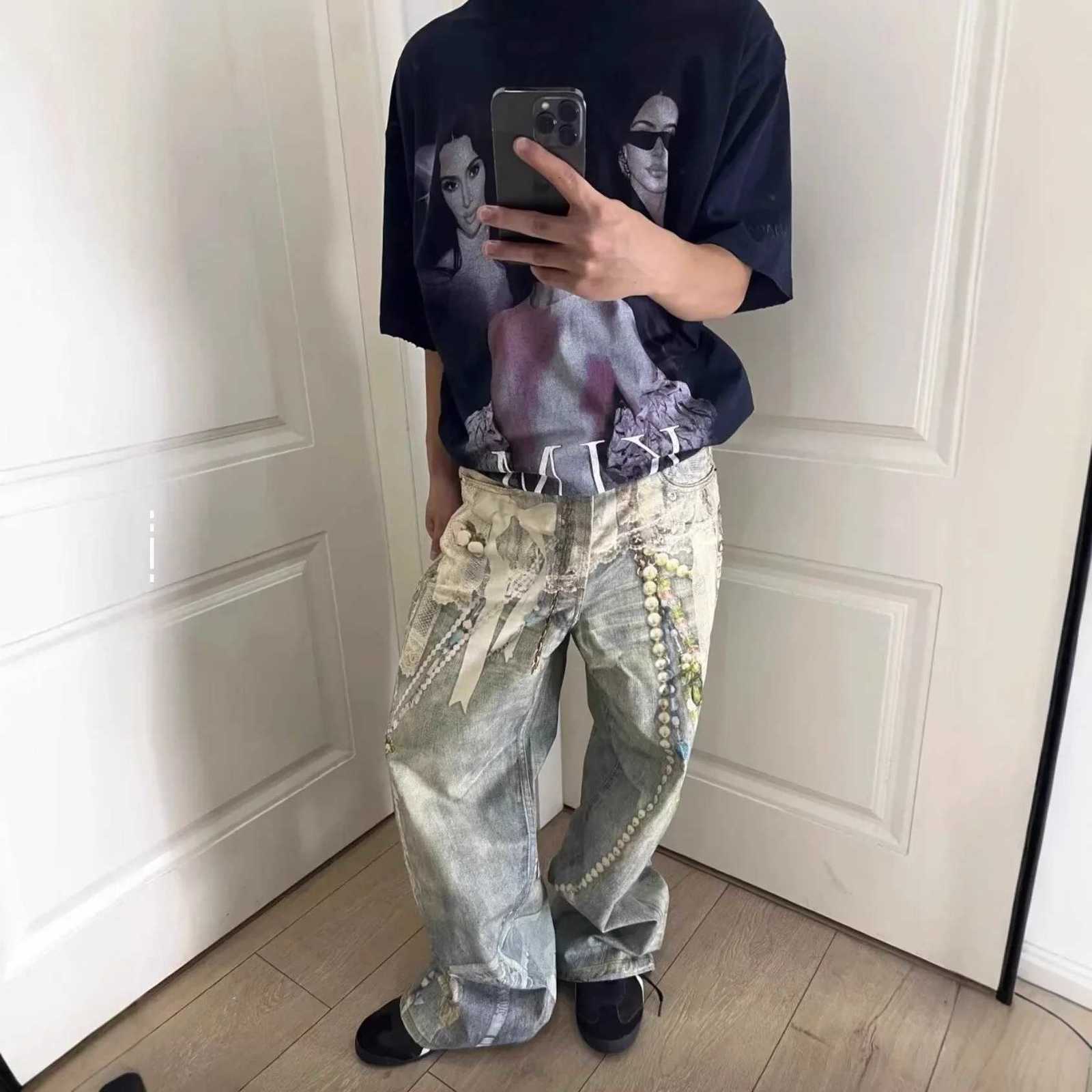 2025 New 3D Printed Lace Pearl Chain Printed Vintage Denim Jeans High Waist Straight Leg for Men And Women Trendy High Strt St C251013