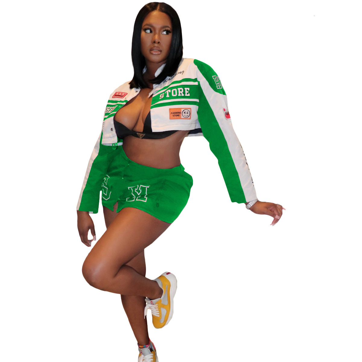 Y2612 2024 Autumn Winter Detachable Motorcycle Baseball Jacket Short Coat Racing Hot Girl TwoPiece Skirt Set 250303
