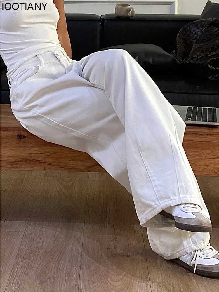 2025 Loose Jeans Fashion Women High Waist Pocket White Solid Color Retro Wide Leg Jeans Casual Office Ladies Commuter TrousersT251013