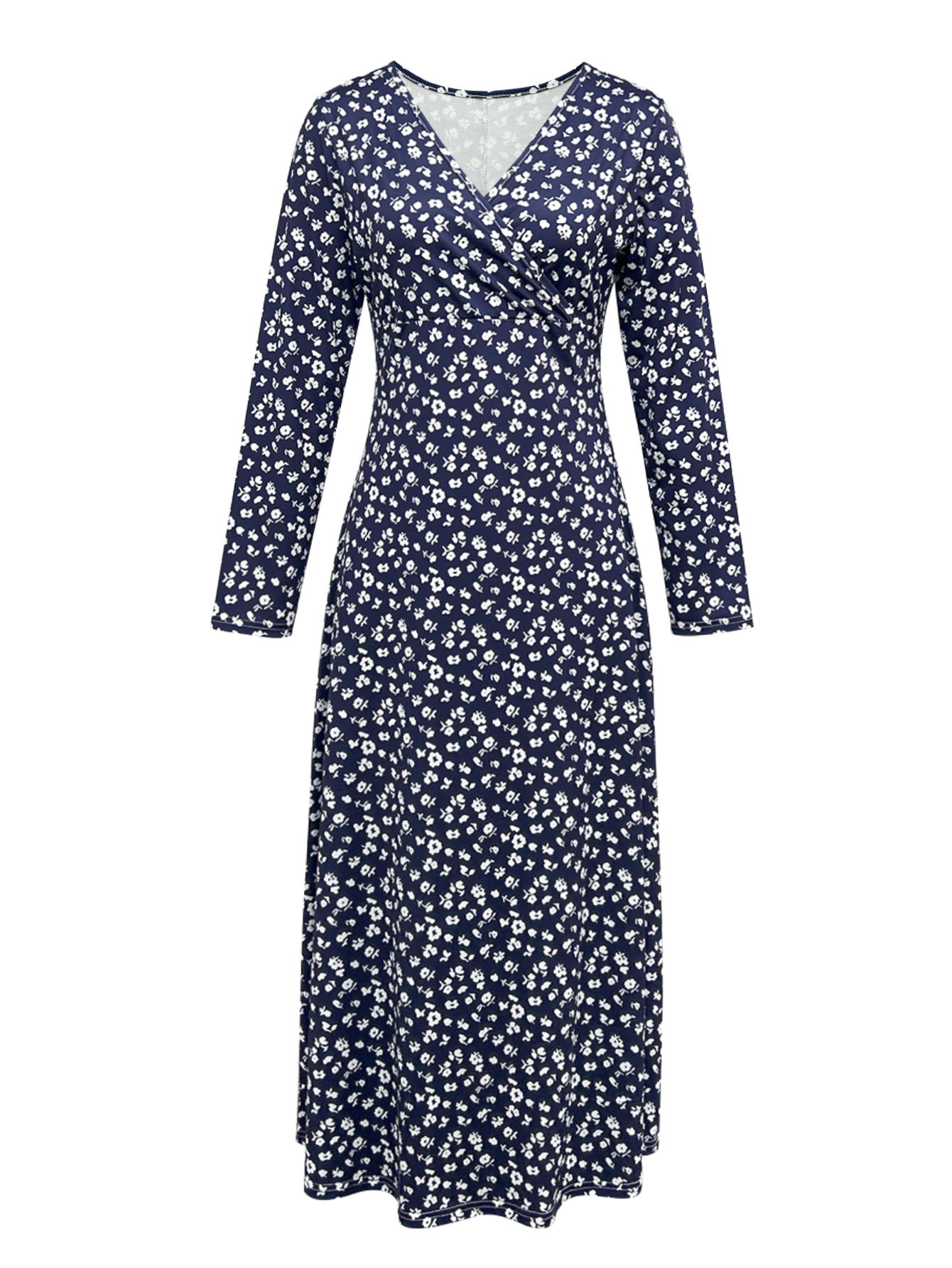 Women's Autumn Winter Fashion Ditsy Floral Midi Dress - Versatile Party & Slimming & Body - Shaping Navy Blue Dress-CF55199