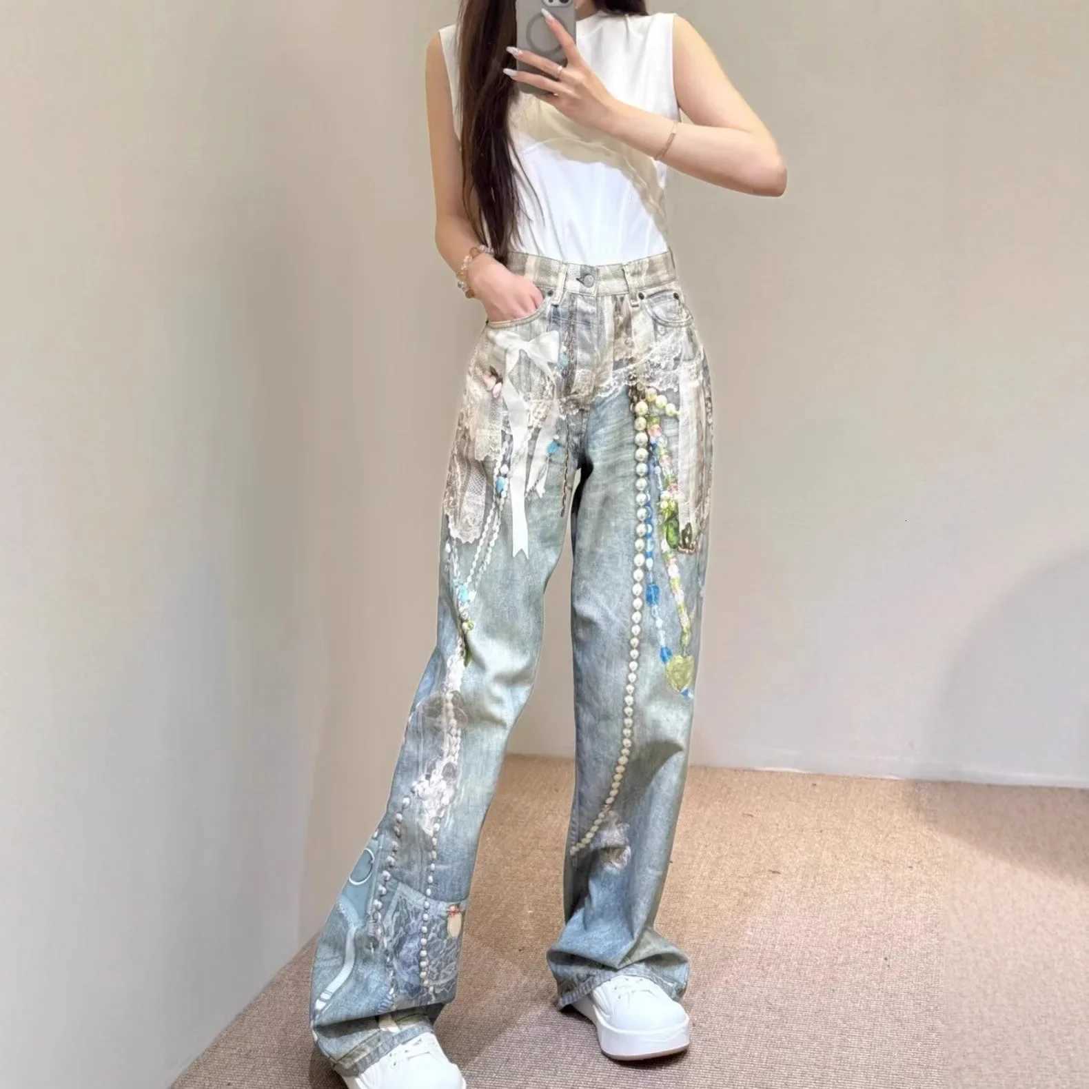 2025 New 3D Printed Lace Pearl Chain Printed Vintage Denim Jeans High Waist Straight Leg for Men And Women Trendy High Strt St C251013