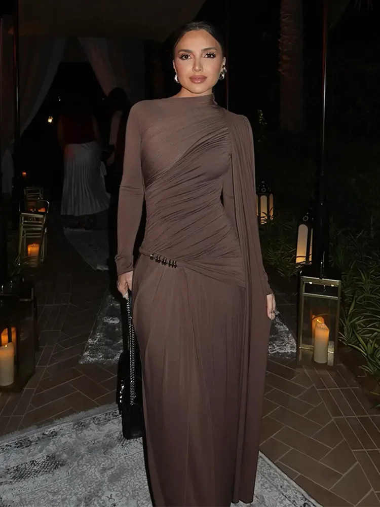 Elegant Slim Fit Pleat Irregular Long Dress Fashion Women Sleeve Turtleneck Patchwork Robes 2025 Chic Party Banquet Wear 251009