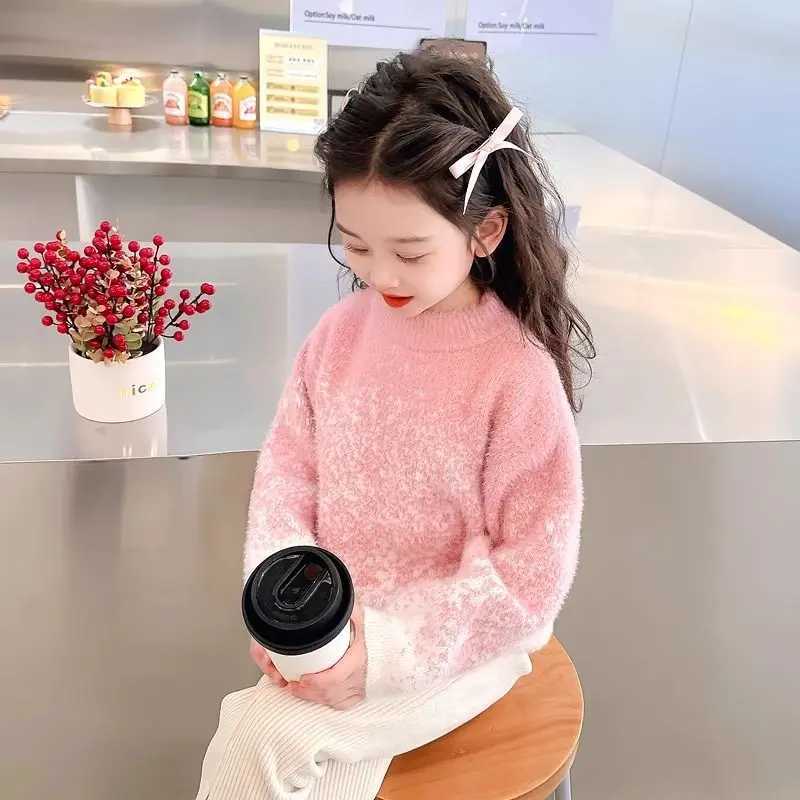 2025 NewGirls Thick FleeceLined Mink Fur Sweater Autumn Winter Child Toddler Base Layer Crew Neck Pullover Knit C251013
