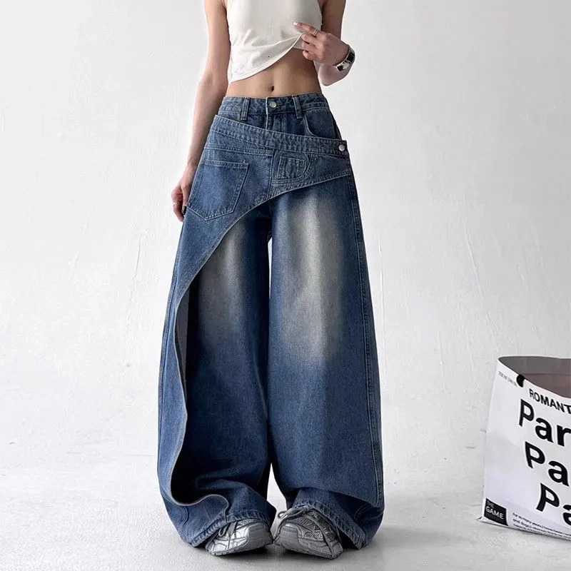 Y2K Fashion Irregular Patchwork Jeans Women Korean Chic Streetwear Hip Hop Straight Trousers Bf High Waist Casual Denim 251010